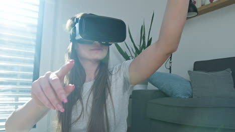 Woman-wearing-virtual-reality-glasses-exploring-the-augmented-world